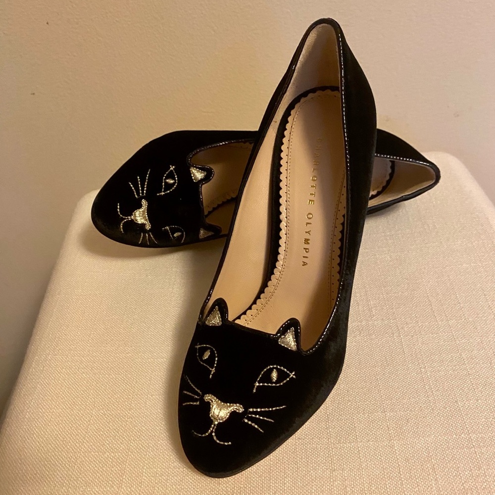 Charlotte Olympia Velvet Black Cat Heels 38 1/2